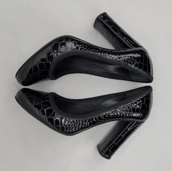 Prada Black Crocco Embossed Patent Leather Block Heels Pumps 6.5 - Picture 4 of 8